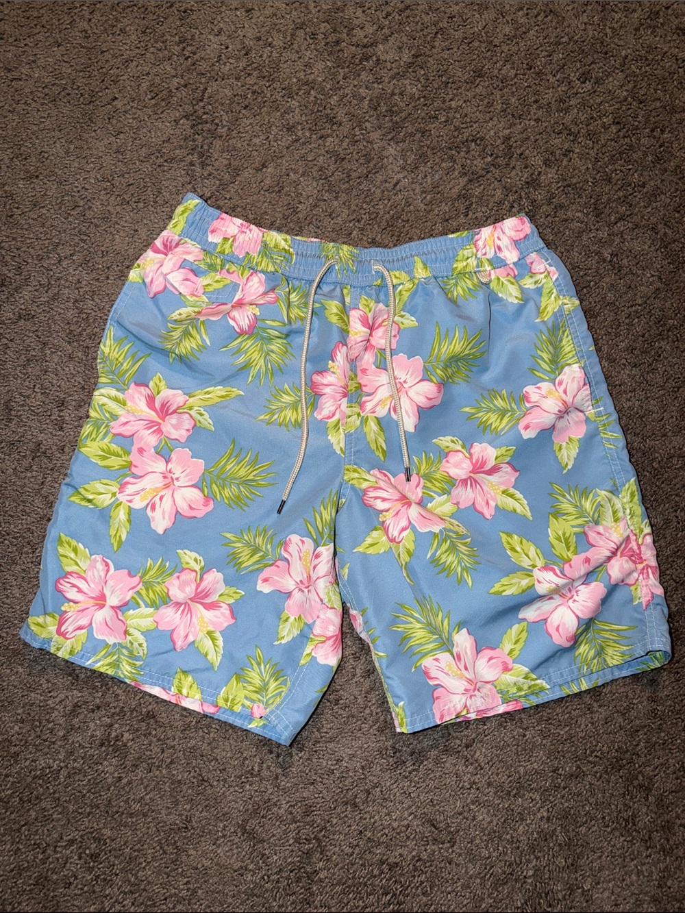 Polo by Ralph Lauren Light Blue Floral Swim Shorts with Pink Hibiscus